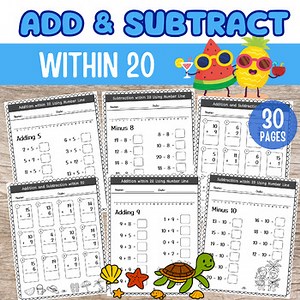 Add & Subtract Within 20 - Summer-Themed Practice Worksheets