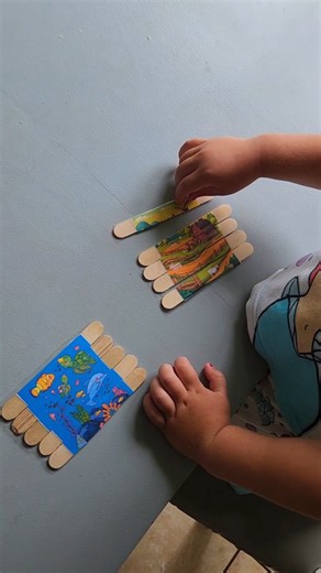 If you have popsicle sticks on hand, you can make so many simple activities. Lately, we’ve been loving popsicle stick puzzles — the kids enjoy making different versions, and I love that I can just toss them in a bag and pull them out again and again for easy play. #kidsactivities #learningthroughplay #finemotorskills #simpleplay #screenfreekids | Nurturing Nuggets