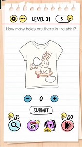 Brain Test level 31 how many holes are there in the shirt. solution 8