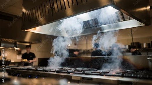 Overhead island ventilation system in focus capturing rising grease and smoke from multiple open grills while kitchen staff and equipment remain out of focus.