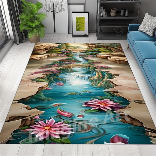 3D Floral Waterfall Rug: Optical Illusion Street Art Area Rug - Etsy