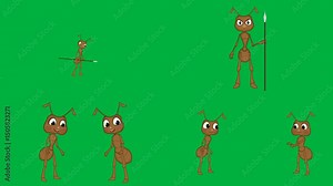 Animated 2d cartoon ants with spear on green screen and chroma key, featuring spear, ground, ant, bug, perfect for 4k video stock, compositing, and creative animation projects with four elements.