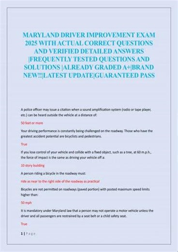 2025 Maryland Driver Improvement Exam Actual Correct Questions Answers By Author Name