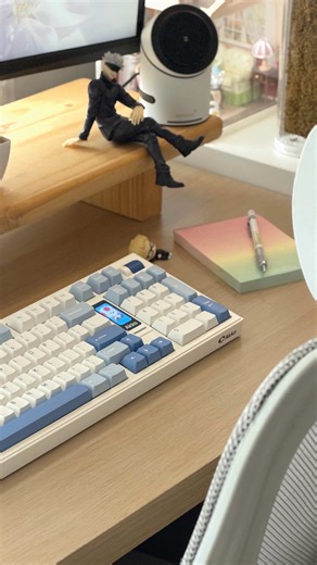 My desk is looking extra cool today with the Akko Glacier 5098B Mechanical Keyboard 🩵🤍 🏷️ 5% off using my code QIWI or use the link in my bio Thank you @Akko! #akko #mechanicalkeyboard #keebtok #keyboards #unboxingvideo