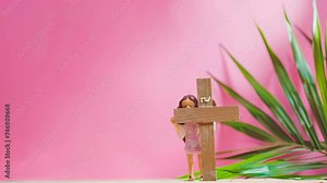 a girl hiding in front of Jesus Cross Statue near Palm leaf with pink background animated lofi video for Palm Sunday In christian and Catholic worship