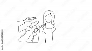 Animated self drawing of continuous line draw woman giving interview. Hands of journalists holds microphones. Concept of news, elections, interviews, comments, politics. Full length one line animation