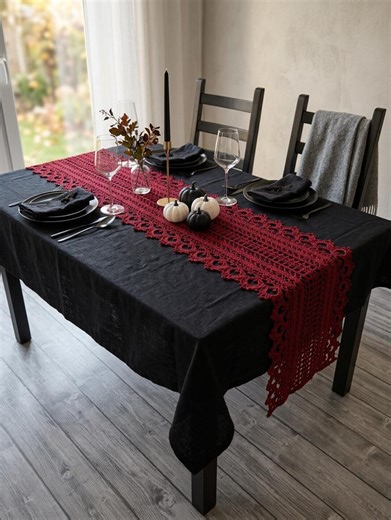 Dark Red Crochet Lace Table Runner | Gothic Cotton Dining Table Decor - Etsy