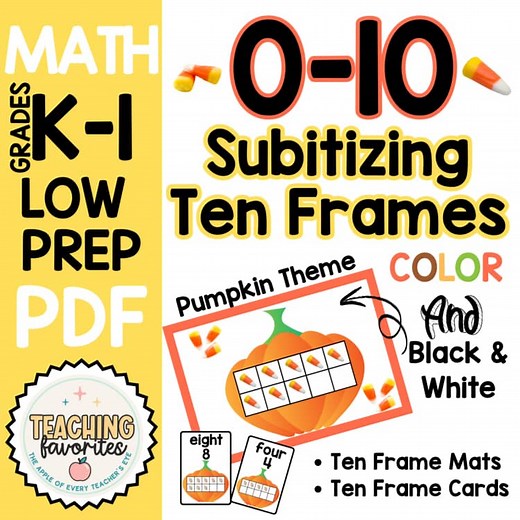 Fall Ten Frame Math Game 0-10 for Kindergarten, 1st & 2nd Grade |