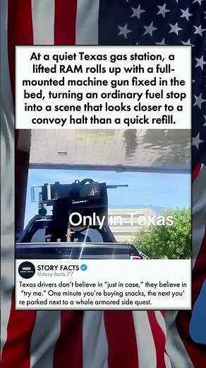 At a quiet Texas gas station, a lifted RAM rolls up with a full-mounted machine gun fixed