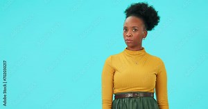 Caution, serious and woman with stop sign in studio for warning, alert or prohibition symbol. Upset, angry and portrait of African female model with rejection gesture by blue background with mockup.
