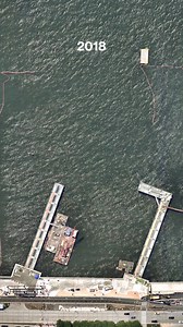 Little Island is a public park in Manhattan, New York City that was constructed between 2018 and 2021. The 2.4-acre (9,712-square-meter) space is perched above the Hudson River on 132 concrete “tulip” pillars. It contains more than 350 species of plants, a 687-seat amphitheater, and ample lawn space for visitors. 40.741966°, -74.010184° Source imagery: Nearmap | Daily Overview