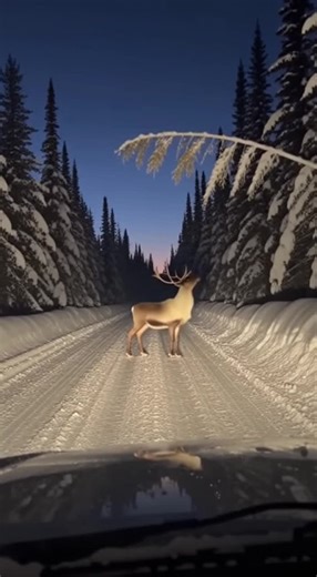 A lone wolverine suddenly leaps out of the forest and relentlessly attacks a caribou on a snowy road, clinging to its back and refusing to let go despite the caribou's desperate attempts to shake it off.
