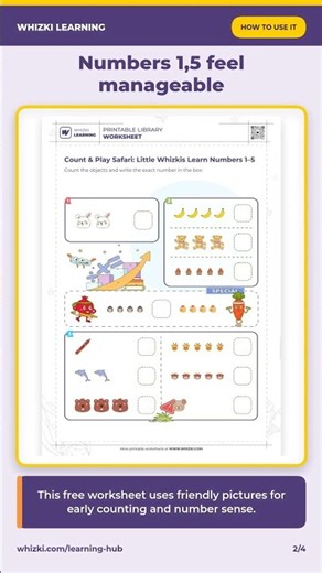 Kindergarten Math Worksheets: Count & Play Safari 1,5