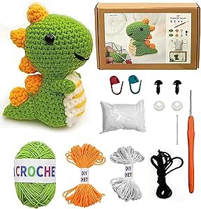 Kaaper Crochet Kit for Beginners for Adults, Learn to Dinosaur Crochet Kit, Crochet Animal Kit Starter Knitting with Step-by-Step Video (Green Dinosaur)
