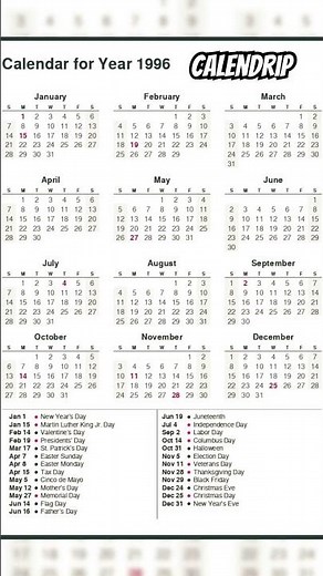 Calendar 1996 #monthsoftheyear