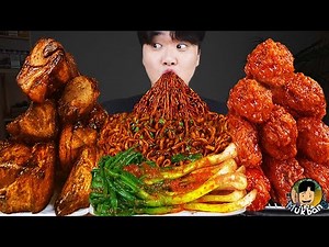 ASMR MUKBANG | Fried Chicken, steak, black bean noodles, kimchi Korean Food recipe ! eating