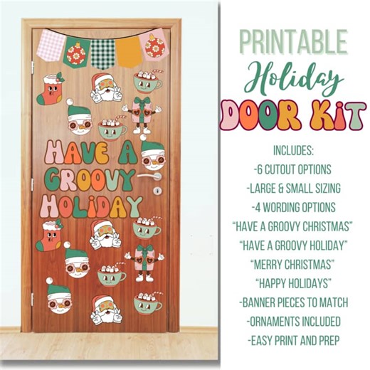 Christmas Door Decor Kit | Groovy Holiday Classroom Door Display | Printable