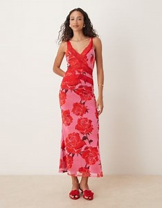 Never Fully Dressed contrast lace slip midaxi dress in rose print | ASOS