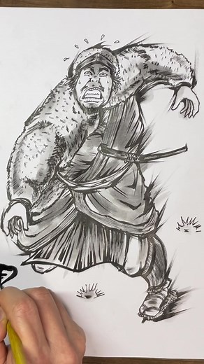 【鳥居強右衛門［とりいすねえもん］（1540ー1575）】 戦国時代の足軽兵であり 奥平家の家臣. 1575年武田軍は奥三河（愛知県）の奥平信昌が守る長篠城を攻めます. 落城寸前の長篠城を救うため 家臣の鳥居強右衛門は岡崎城（愛知県）にいる織田信長・徳川家康に援軍を要請するため片道60キロの道のりを走ります. 岡崎城で「織田・徳川連合軍は助けに来る」という情報を得た強右衛門は休む間もなく長篠城へと引き返します. 帰城途中に武田軍に捕えられ「長篠城に向かって『援軍は来ない』と言えば命は助ける」とそそのかされます. しかし強右衛門は死を覚悟で「援軍は来る」と叫び 長篠城内の仲間たちを鼓舞することに成功します. 強右衛門は武田軍によって処刑されてしまいますが 士気が上がった長篠城は織田・徳川連合軍が到着するまで持ち堪えるのでありました. そして有名な「長篠・設楽原の戦い」へと向かっていくのです. #墨絵 #アート #イラスト #イラストメイキング #大河ドラマ #どうする家康 #鳥居強右衛門 #長篠の戦い
