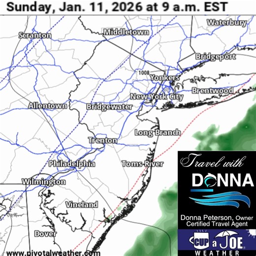 STAY HOME ALERT | Pack up the holiday decorations, clean up, finish the last of the egg nog. With a soaker starting 9-11AM Saturday, you'll be happier that way. 😁 Forecast: https://cupajoe.live/rain-moves-in-throughout-our-saturday-but-moves-out-for-sunday/ Embark on your next adventure with Travel with Donna , the shore's premier full-service travel agency! This female-owned local gem is your ultimate travel guru. Reach out at Donna@TravelwithDonna.VIP or text 609-287-2870. | Joe Martucci: Met