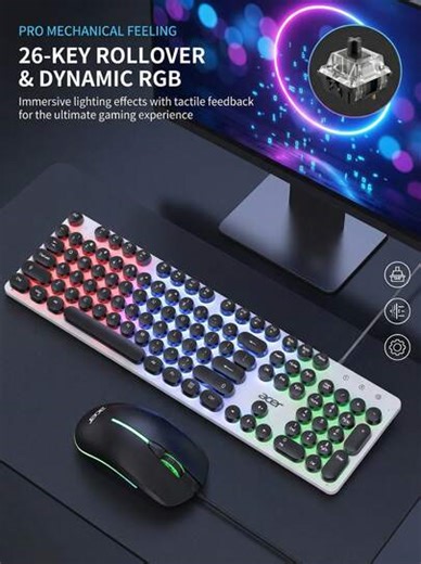 Acer Conjunto de Teclado e Mouse com Fio OCC205 - Teclado e Mouse com Sensação Mecânica e Teclas Redondas Punk - Efeito de Lâmpada Respiratória Arco-Íris - 26 Teclas Anti-Ghosting - Adequado para PC/Laptop - Versão Iluminada | SHEIN