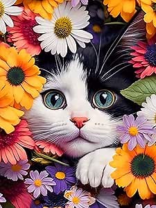 Axquilon Flower Cat Diamond Painting Kits, Full Drill Round DIY Diamond Art Kits, Paint by Diamonds Rhinestone Gem Art Craft for Home Wall Decor 12X16 inch