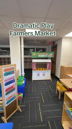 Preschool Vibes on Instagram: "This week, our dramatic play area has transformed into a lively farmers market! 🌽🍎 Students can pick up a wallet, purse, phone, and play money to immerse themselves in real-world scenarios. They grab a basket and head over to the stand stocked with fresh fruits and vegetables. After "purchasing" their produce, they take them "home" to wash, prepare, and even bake imaginative dishes. I've also added a fruit and veggie cutting set so they can pretend to cut up thei