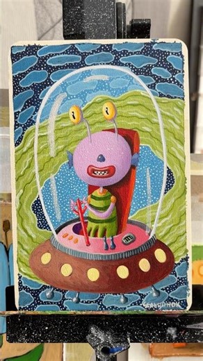 Whimsical Oil Painting on Paper: “Happy Alien Voyager” #art #painting #etsy #artwork #shortvideo