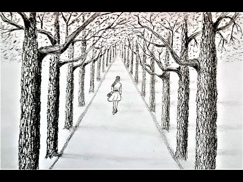 How to draw a road with trees in 1 point perspective