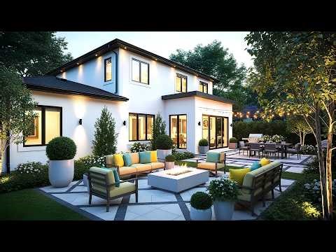 Modern Backyard Patio With Comfortable Outdoor Living Area Fire Pit Seating and Evening String Light