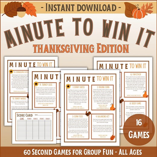 Thanksgiving Party Games, Minute to Win It Games, 60 Second Games, 16 Thanksgiving Games for Family and Friends, Thanksgiving Activities - Etsy