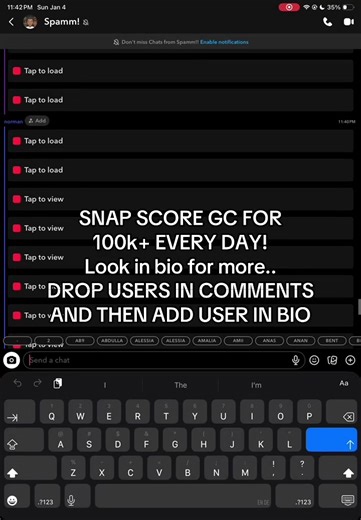 Snap score groupchst for your snap score to increase by 100k make sure to look in profile for more and comment your user! #fyp #snapchat #viral #groupchat #snap