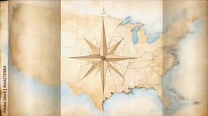 Folded map of the USA with a compass rose, vintage style