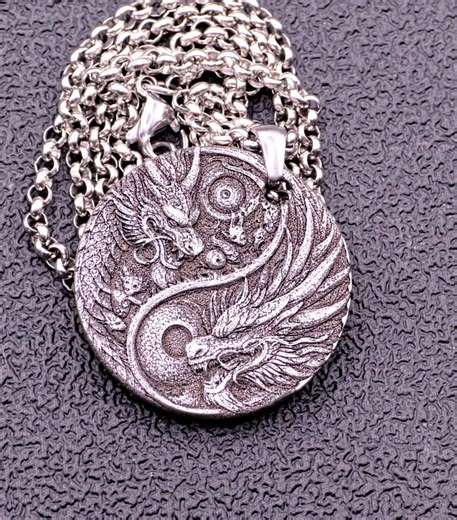 Double Dragon Yin Yang Pendant in Stainless Steel - Deep 3D Engraving With Patina Finish - Twin Dragons Mythology Necklace - Balance Jewelry - Handmade - Etsy