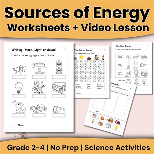 Sources of Energy Worksheets + Video Lesson | Grade 2–4 Science Activities | No Prep Printable - Etsy