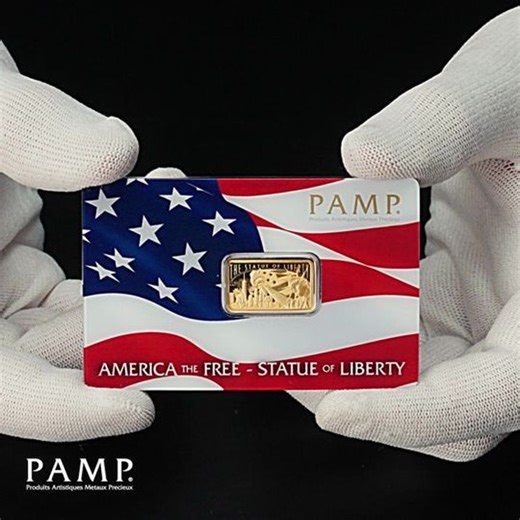 PAMP Switzerland on Instagram: "Enjoy this closer look at the exceptionally minted details of this strikingly designed 5-gram, 999.9 pure gold bar and unique CertiPAMP™ assay card packaging – the first in a new series of gold bars capturing the essence of America the Free! The Statue of Liberty – officially titled as “Liberty Enlightening the World” – was a gift of friendship from the people of France to the United States. The statue was dedicated on October 28, 1886 and continues to stand as a 