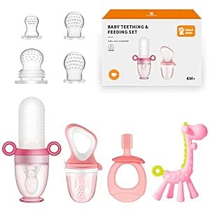 KoalaZoom Baby Teething Toy with Baby Food Feeder Fruit Feeder Pacifier, Baby Silicone Toothbrush Teether and Silicone Squeeze Baby Spoon Feeder for Self Feeding, Baby First Stage Feeding Supplies