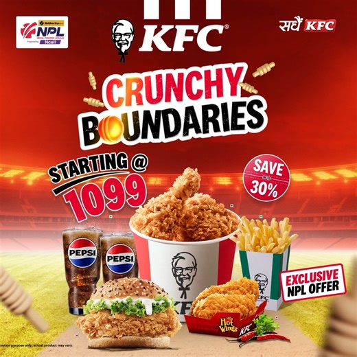 Big hits on-screen. Bigger crunch in your bucket. Dive into our cricket season combos with KFC Crunchy Boundaries, starting at Rs. 1099! #KFCxNPL #CrunchyBoundaries #KFCNepal #CricketFuel #GameDayCravings | KFC Nepal
