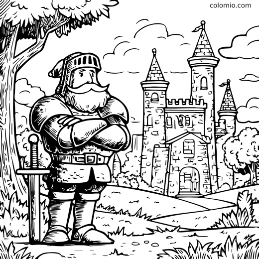 Coloriage chevalier avec épée et château imprimable | Colomio