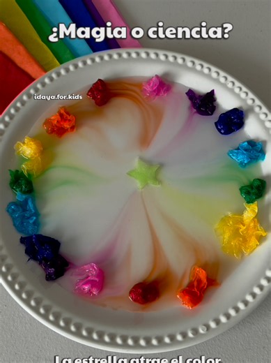 Un experimento increíble. Una estrella que atrae el color como si fuera magia. Olvídate del colorante líquido, hoy usamos papel china y el resultado fue increíble. Coloca bolitas de papel china en un plato con agua, en un pad de algodón en forma de estrella coloca jabón líquido para lavar platos y coloca la estrella en el centro del plato. El color camina hacia la estrella. ¿Qué sucede? Al mojar el papel china, los pigmentos solubles en agua que le dan color se liberan rápidamente, al poner jabó