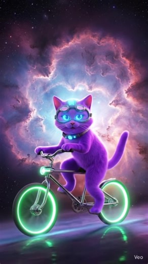 Cosmic cat rides a bike.