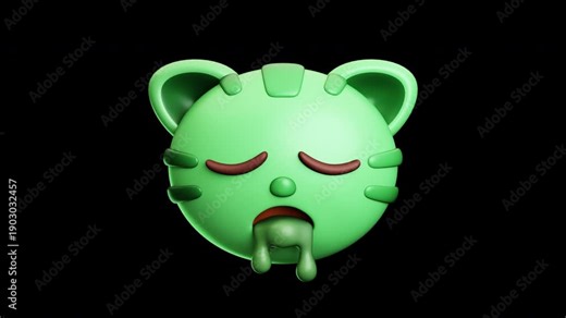 4k Alpha and Seamless Loop Animation of Exhausted Vomiting Cat Emoji 3D Transparent Video with Weak Expression