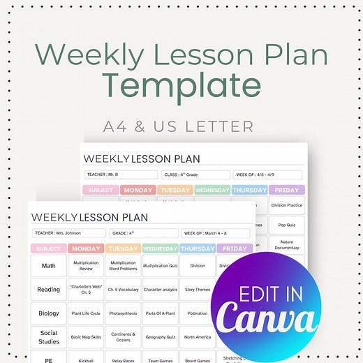 Editable Weekly Lesson Plan Canva Template for Teachers, Homeschool Planner, Back to School Digital Printable - Etsy