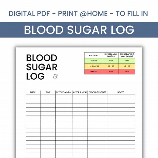 Blood Sugar Log Printable | Daily Blood Sugar Tracker | Diabetes Log | Medical Log Book | Blood Sugar Chart - Etsy