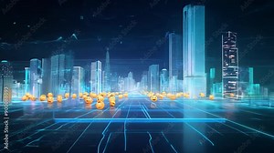 Futuristic subway entrance merges reality and virtual world. Neon-lit portal displays holographic cityscape. Commuters navigate through streamlined, high-tech environment.