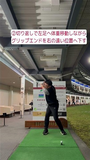 ① 背中をターゲットへ向ける② 左足へ体重移動しながらグリップエンドを右斜め後へ③ 腰の回転でインパクト④ 前傾角度をキープする。これでタメと回転力とインパクトゾーンの長さが劇的に変わり飛距離アップ！