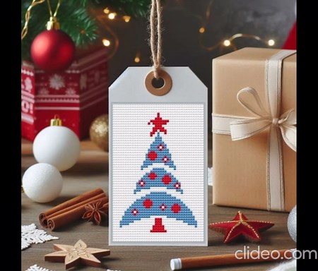 Christmas tree cross stitch pattern with alphabet chart for Christmas tags and ornaments with names