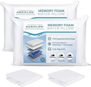 Mediflow Water Pillow Memory Foam re-Invented with Waterbase Technology - Clinically Proven to Reduce Neck Pain & Improve Sleep Quality. (Two Pillows, Two Pillow Protectors)