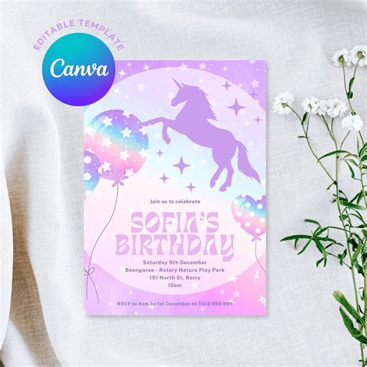 CANVA TEMPLATE: Editable Unicorn Rainbow Birthday Invitation (5x7 Inch) - Etsy