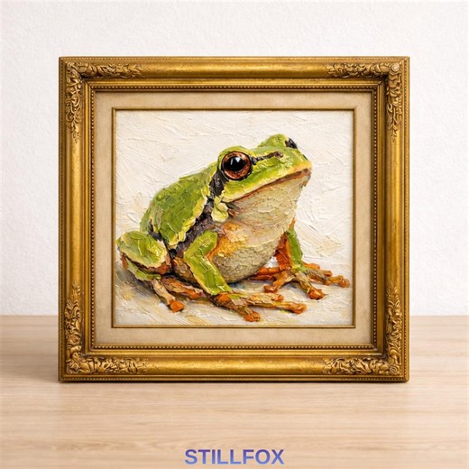 Tree Frog Wall Art Print, Green Frog Oil Painting, Frog Canvas Art, Nature Animal Decor, Cute Amphibian Artwork, Whimsical Wall Decor
